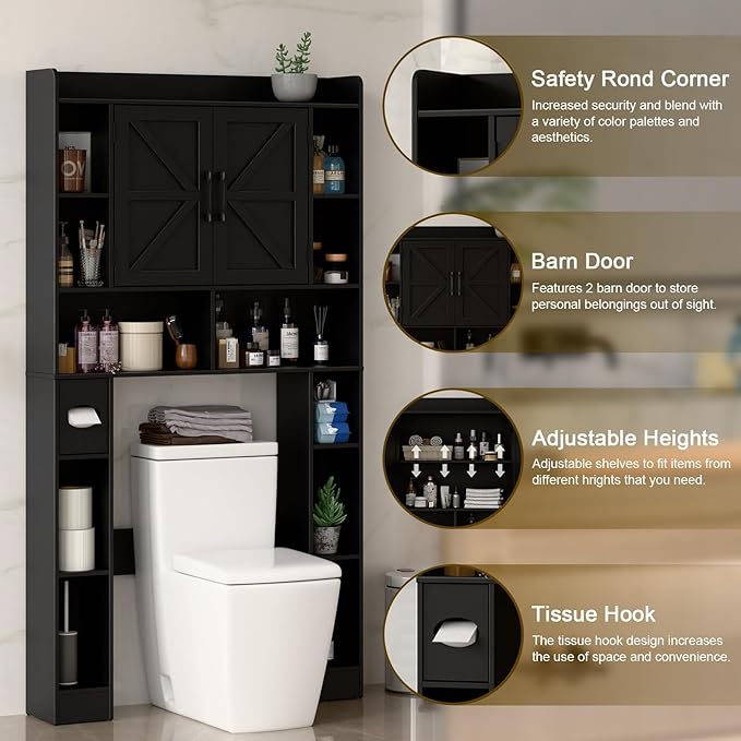 Farmhouse Storage Cabinet Over Toilet with Barn Doors,Over The Toilet Storage Cabinet, Home Space-Saving Toilet Rack, for Bathroom, Restroom, Laundry.Pure Black