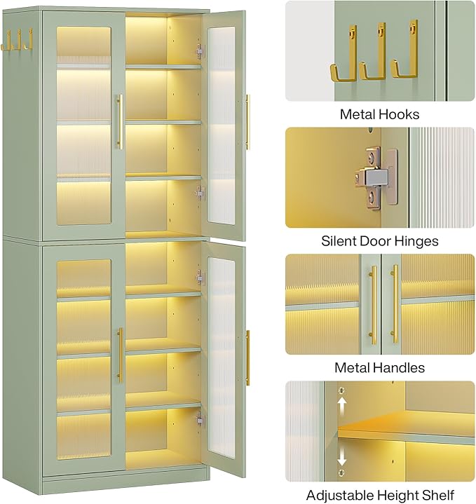 Tribesigns Tall Shoe Storage Cabinet with Acrylic Doors and LED Lights, 8-Tier Entryway Shoe Organizer Rack with Adjustable Shelves and Hanging Hooks for Narrow Closet, Hallway, Mint Green (Set of 2)