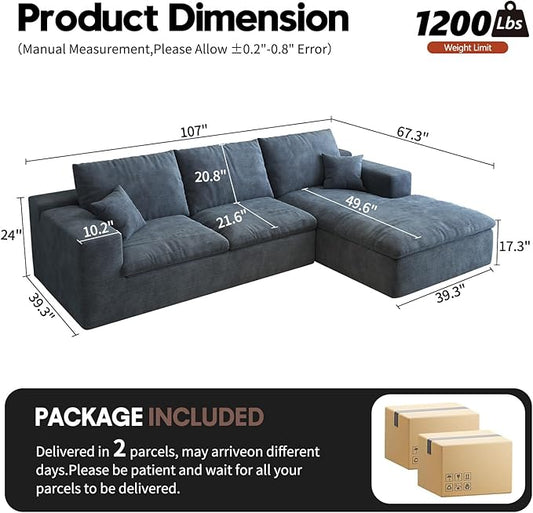 107'' L-Shaped Modern Modular Sectional Cloud Couch, 4-Seat Chenille Deep-Seat Sofa with Pillow for Living Room, Bedroom, Apartment, Ocean Blue