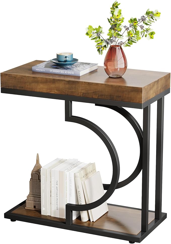 Tribesigns Side Table Set of 2 Narrow C Shaped End Table Modern Bedside Tables for Couch, Small Sofa Chairside Table with Metal Frame for Living Room (2, Brown+Black)