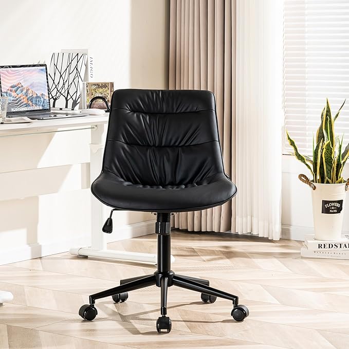 Rowill Leather Office Chair, Ergonomic Armless Desk Chair with Waterproof Cushion & Slient Wheels & SGS-Certified Class 3 Explosion-Proof Gas Lift, Ideal for Home Office, Study and Vanity(Black)