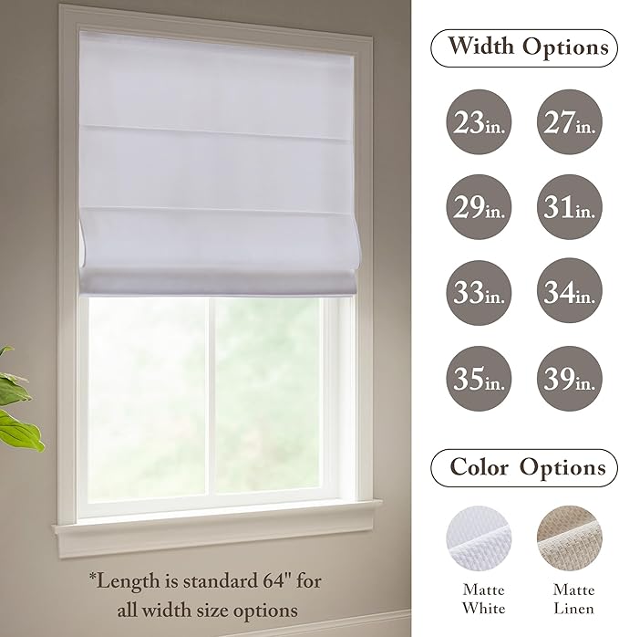 Madison Park Galen Matte White Cordless Roman Shades - Fabric Privacy Single Panel Darkening, Energy Efficient, Thermal Insulated Window Blind Treatment, for Home, Living Room Decor, 29" W x 64" H