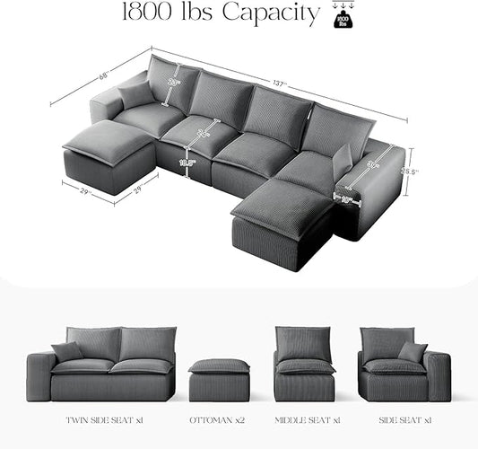 137" Comfy Cloud Couch with U-Shape Chaise & Deep Seat, Modular Sectional Sofa in a Box, Boneless Upholstered Couches for Living Room, No Assembly Required (Soft Corduroy, Gray)