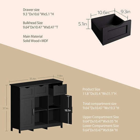 Sideboard Floor Storage Cabinet - Wooden Storage Organizer with 2 Doors and 3 Drawers, Free Standing Accent Buffet Cabinet with Adjustable Shelves for Living Room, Bedroom.Bathroom (Black)