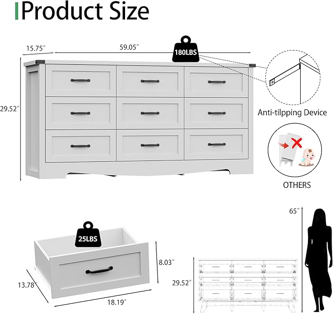 Dresser for Bedroom with 9 Drawers, 59" Wide Modern Chest of Drawers with Deep Drawers & Mental Handle, Wood Dresser TV Stand, Wooden Closet Storage Organizer for Living Room, Hallway, Entryway, White