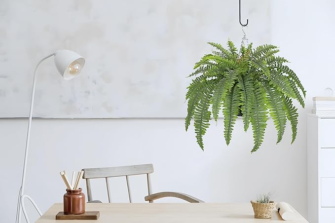 Hollyone 33" Artificial Boston Fern Hanging Basket Large 39 Leaves Fake Ferns in Rattan Pot Greenery Plants for Outdoors & Indoor Faux Fern Bush Basket Plant Patio Garden Home Decor Dusty Green