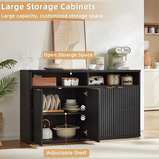 LEYAOYAO Fluted Buffet Cabinet with Storage, 55" Wide Wood Sideboard Credenza with 4 Doors & Open Storage Shelf, Modern Kitchen Console Accent Cabinets, Coffee Bar Table for Dining Room, Black Oak