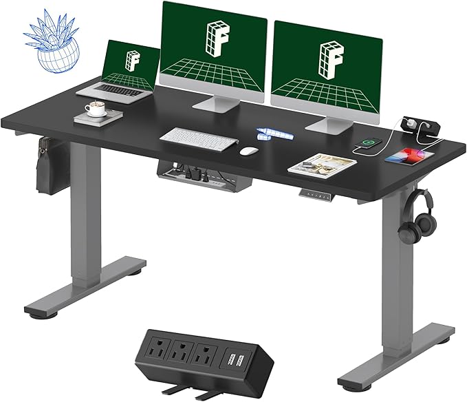 FLEXISPOT EN2 Whole-Piece Standing Desk with Clamp Power Strip, 60 x 24 Electric Stand Up Height Adjustable Desk with Cable Management (Gray Frame + Black Top, 2 Packages)