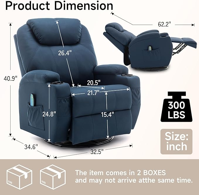 Recliner Chair, Rocking Chair with Heat and Massage, Swivel Recliner Chairs for Adults, Rocker Manual Recliner with Remote Control and Cup Holder for Living Room, Bedroom