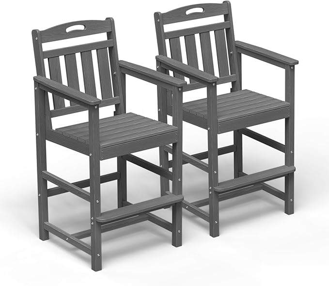 HDPE Outdoor Patio Tall Adirondack Bar Chairs Set of 2, All-Weather Bar Height Balcony Adirondack Stools for Bistro, Garden, Backyard, Pool, Deck | Grey