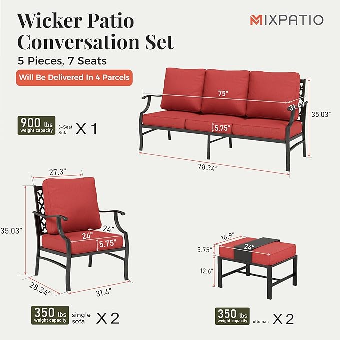 Patio Furniture Set 5 pcs, Outdoor Patio Furniture, 3-Seat Sofa, 2 Single Chairs, 2 Ottomans and 5.75" Extra Thick Cushion, Patio Conversation Set for Garden Backyard Deck,Red