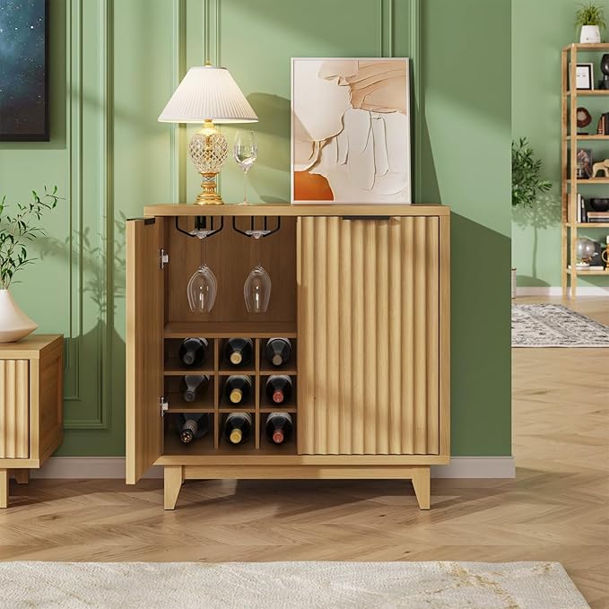 Fluted Coffee Bar Cabinet with Storage, Modern Sideboard Buffet Cabinet with Removable Wine Rack, Drawer, Adjustable Shelf, Natural Liquor Cabinets for Living Room, Dining Room, Kitchen, Entryway