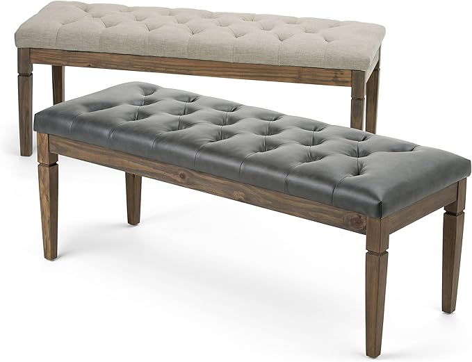 SIMPLIHOME Waverly 48 inch Wide Traditional Rectangle Tufted Ottoman Bench in Natural Linen Look Fabric, Assembled, For the Living Room and Bedroom