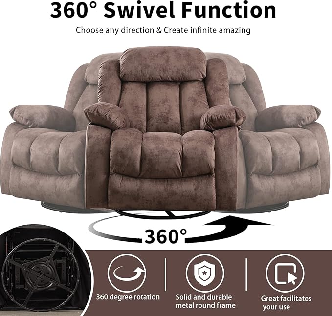 CANMOV Massage Rocker Recliner with Heat and Vibration, 360 Degree Swivel Manual Antiskid Fabric Single Sofa Heavy Duty Reclining Chair for Living Room, Dark Brown