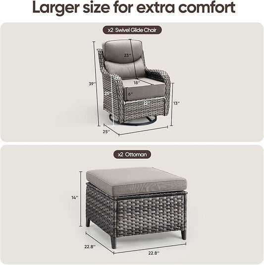 Swivel Patio Chairs Sofa Set of 4 with 6" Thick Cushion - Wicker Outdoor Swivel Rocker Patio Chair with Side Table, High Back Comfortable Outdoor Glider Chairs Grey Wicker Grey Cushions