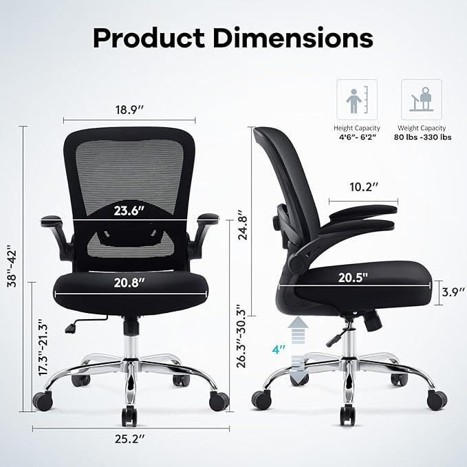 Office Chair,Ergonomic Mesh Desk Chair with Adjustable Lumbar Support,Computer Chair with Flip-up Armrests, Rolling Executive Chairs, Home Office Chair(Black)