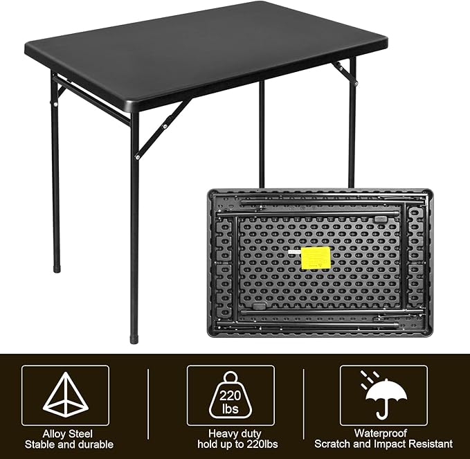 Folding Table 3ft Rectangular All-Occasion Plastic Folding Event Table for Indoor and Outdoor, Portable Desk, Camping, Durable and Stable, HDPE and Steel, Wide Application, Black