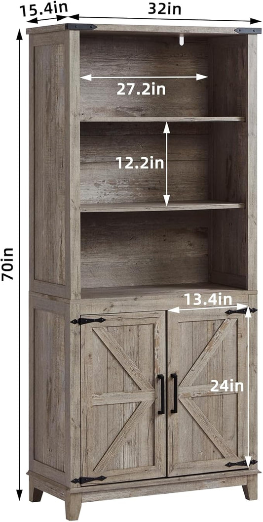 70in Tall Bookshelf 5 Tier Bookcase with Barn Doors and Adjustable Shelves, Grey Farmhouse Book Shelf with Storage Cabinet, Wood Freestanding Display Bookshelves for Bedroom, Kitchen (2 PCS)