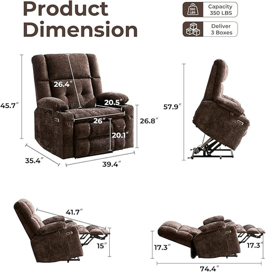 Oversized Power Recliner Chair for Elderly with Massage and Heat, Dual Motor Lay Flat Recliner with Arm Storage,Lift Chair for Big Tall, Infinite Position,Extended Footrest, Coffee