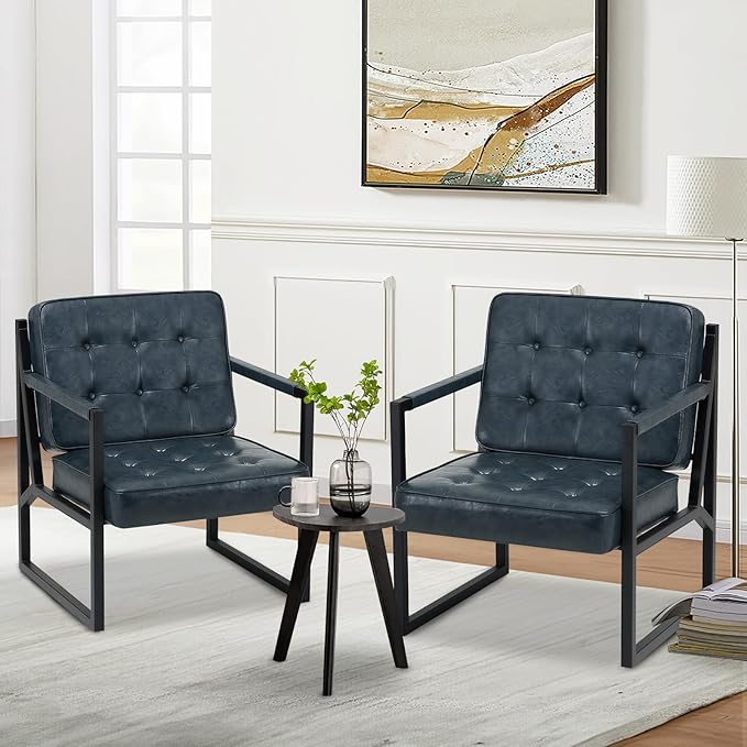 COLAMY Accent Chairs Set of 2, Modern Accent Arm Chairs for Living Room, Comfy Leather Armchairs with Metal Legs for Bedroom Reception Room, Blue