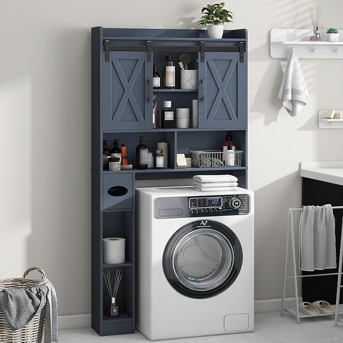 Vabches Over The Toilet Storage Cabinet, Farmhouse Storage Cabinet Over Toilet with Sliding Doors,Home Space-Saving Toilet Rack, for Bathroom, Restroom, Laundry
