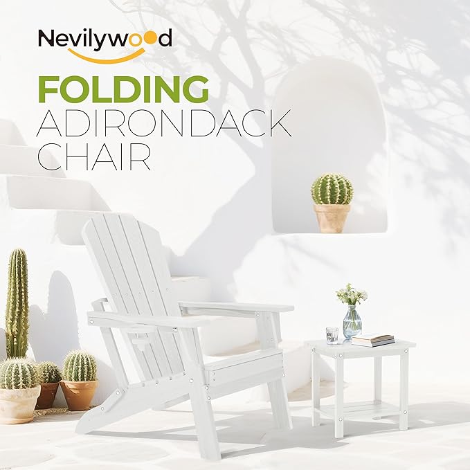 nevilywood Folding Adirondack Chair, Ergonomic Extended Backrest, HDPE All-Weather, 380lbs Capacity, Maintenance-Free, Cup Holder, (White)- Outdoor Patio & Firepit Chair