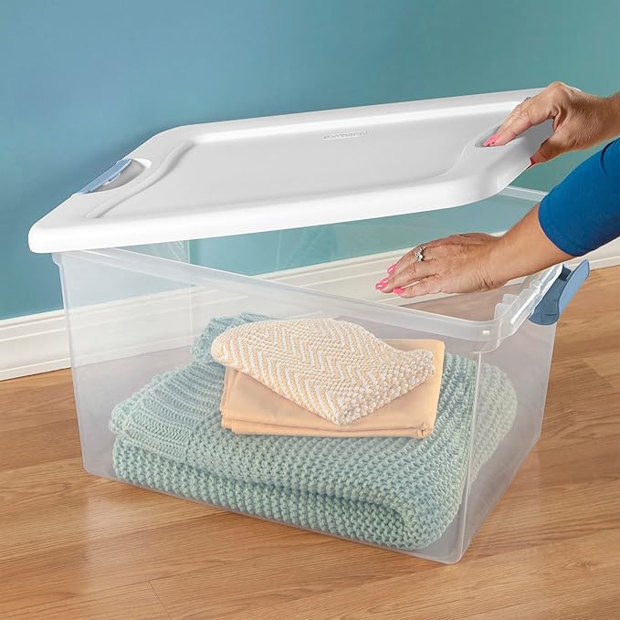 Sterilite 18-Pack Latching Box, Under Bed Storage Bins with Lids, Clear Plastic, 64 Quart - Heavy-Duty Organizing Containers for Closet, Bathroom, and Office