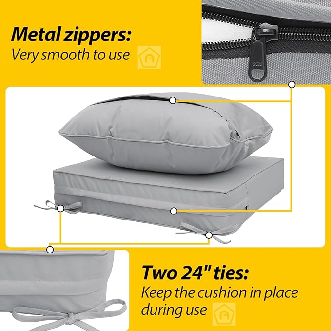 AAAAAcessories Outdoor Deep Seat Cushions, Waterproof, Fade-Resistant Patio Furniture Replacement Cushions, 24" x 24" x 5", Set of 2, Gray