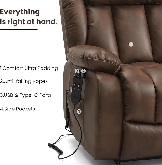 PARKOL Dual Motor Power Lift Recliner Chair for Elderly, 180-Degree Infinite Position Lay Flat Leather Recliner Chairs, with Massage and Heating, USB & Type-C Port and Remote (Ochre, Medium)