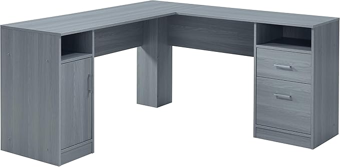 Techni Mobili Functional L-Shaped Computer Desk with storage, L is 59.5" wide x 59.5" Long, Grey