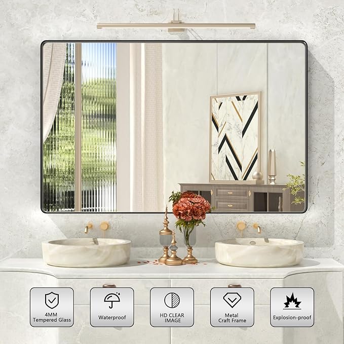 Bathroom Mirror Black,55x36 Inch Large Matte Black Bathroom Vanity Mirror,Rectangle Black Metal Framed Mirror for Wall,Anti-Rust,Shatter-Proof (Horizontal/Vertical)