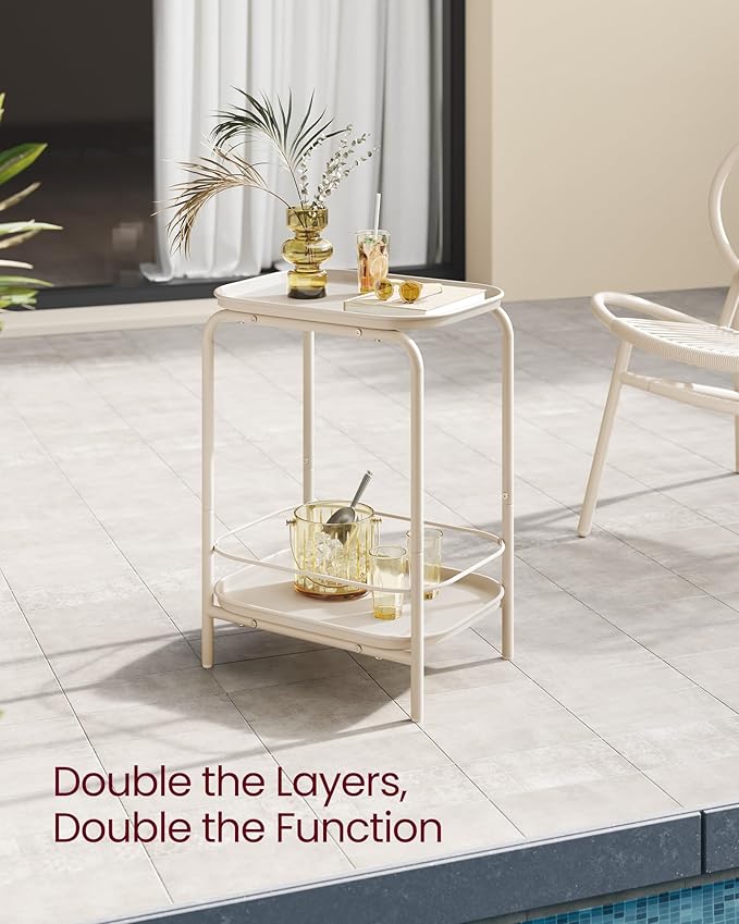 VASAGLE 2-Tier Outdoor Table, Small Side End Table with Tray Storage, Bedside Nightstand for Living Room, Bedroom, Modern Style, Cream White ULET243W01