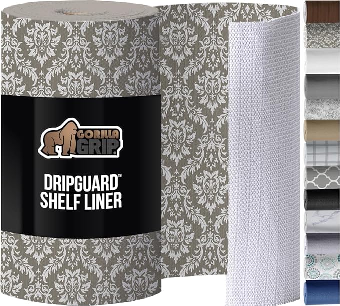 GORILLA GRIP DripGuard Shelf Liner, Non Adhesive Drawer and Kitchen Cabinet Protector, Slip Resistant BPA Free Smooth Surface Plastic Liners for Cabinets, Bathrooms, Closets, 17.5x240 Inch Beige Cream