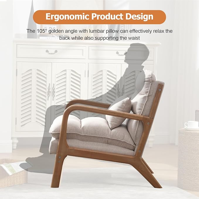 INZOY Mid Century Modern Accent Chair with Wood Frame, Upholstered Reading Armchair with Waist Cushion, Double Padded Accent Chair, Side Chair for Living Room Bedroom Office, Easy Assembly, Beige