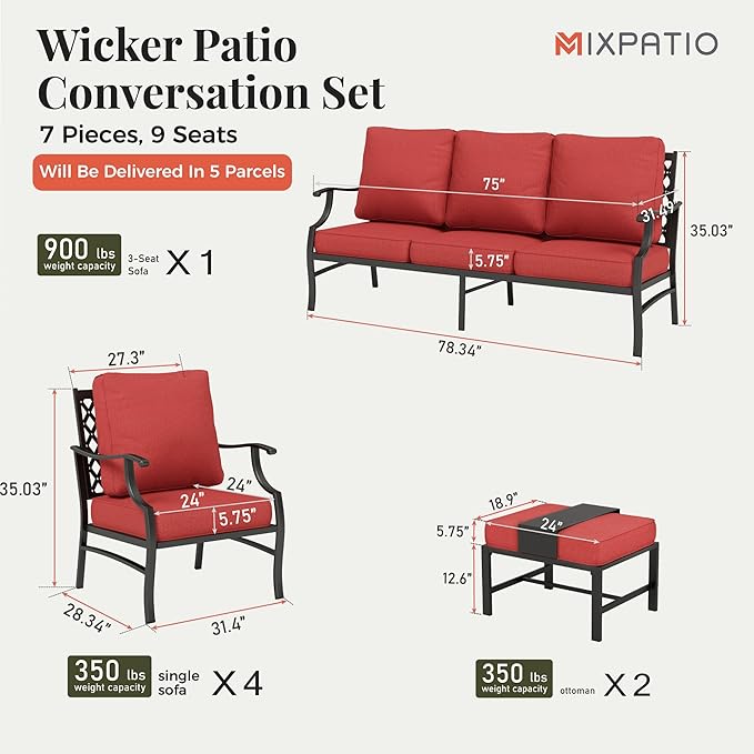 Patio Furniture Set 7 pcs, Outdoor Patio Furniture, 3-Seat Sofa, 4 Single Chairs, 2 Ottomans and 5.75" Extra Thick Cushion, Patio Conversation Set for Garden Backyard Deck,Red