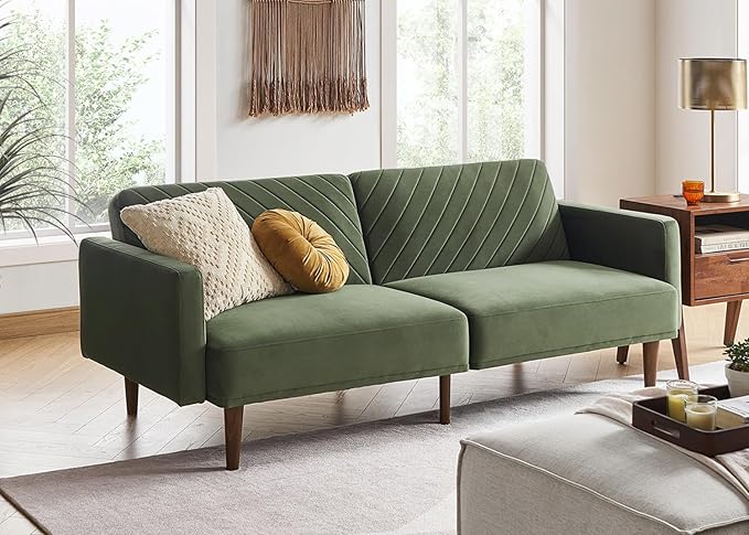 mopio 76.4" Futon Sofa Bed, Couch, Loveseat, Sleeper Sofa, Mid Century Modern Futon Couch, Sofa Cama, Couches for Living Room (Olive Green Premium Velvet)