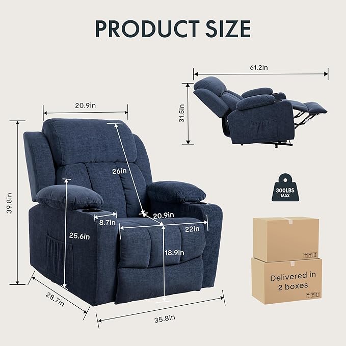 FLEXISPOT XL31 Power Lift Recliner Chair for Elderly, Electric Lift Chair with Massage & Heat, Corduroy Reclining Sofa w/Cup Holders, Side Pockets for Living Room Bedroom(Medium Size,Royal Blue)