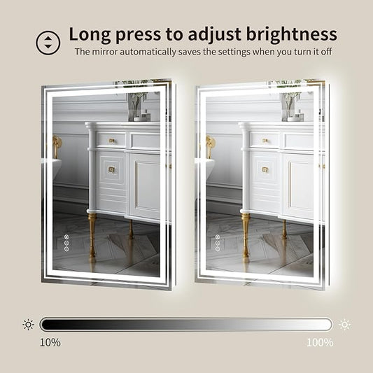 WTTY LED Bathroom Mirror with Backlit and Front Light, 27.5" X 35.4" Stepless Dimmable LED Mirror for Bathroom,Anti-Fog Lighted Bathroom Vanity Mirror Modern,Memory Function,Shatter-Proof