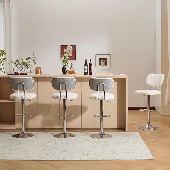 Furniliving Adjustable Bar Stools Set of 4, Modern Teddy Velvet Swivel Barstools with Curved Back, Stylish Armless Counter Height Bar Stools Bar Chairs for Kitchen Island, Bar, Grey