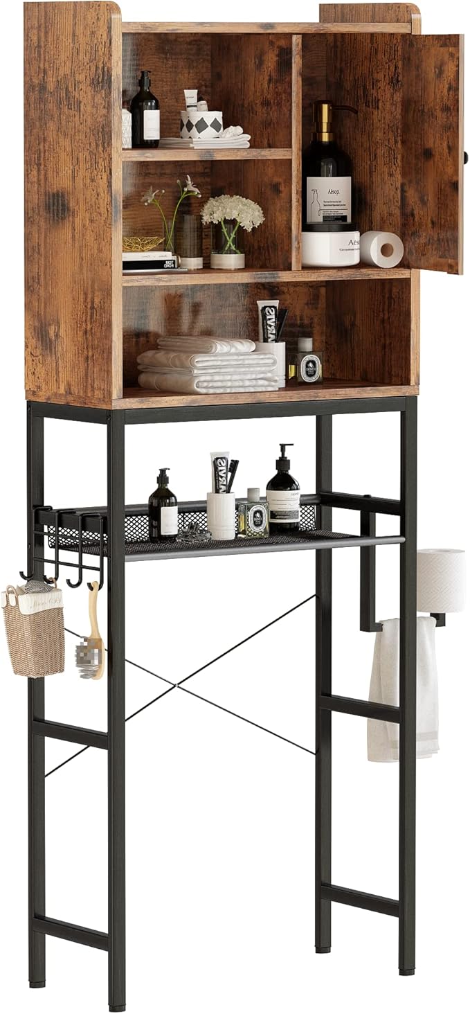 AWQM Over The Toilet Storage Cabinet, Bathroom Cabinet Organizer with Adjustable Shelf, Freestanding Space Saver Toilet Stands with Door, Paper Hook, Multifunctional Bathroom Toilet Rack, Rustic Brown