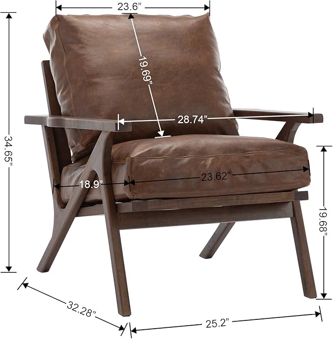 Wahson Brown Leather Accent Chair Mid Century Modern Chair, Retro Upholstered Armchair with Wood Frame and Removable PU Cushions, Large Compfy Leisure Slipper Chair for Living Room/Bedroom