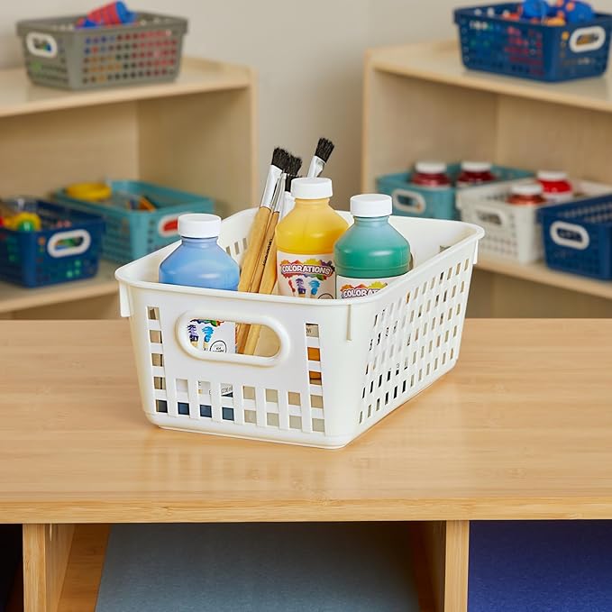 Really Good Stuff Medium Plastic Book Baskets, 11" by 7.5" by 4.5" - 6 Pack, White, Versatile Storage Solution for Classroom, Home and Office, Toy Storage, Multi-Purpose Organizer Basket