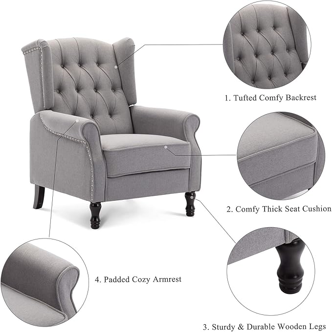 Artechworks Winged Fabric Modern Accent Chair Tufted Arm Club Chair Linen Single Sofa with Wooden Legs Comfy Upholstered for Reading Living Room Bedroom Office,Grey
