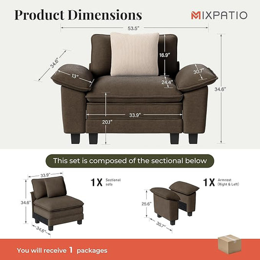 53.5" Modular Sectional Single Sofa, Soft Plush Chenille Armchair with Comfortable Deep Seat & Removable Arms for Living Room,Taupe