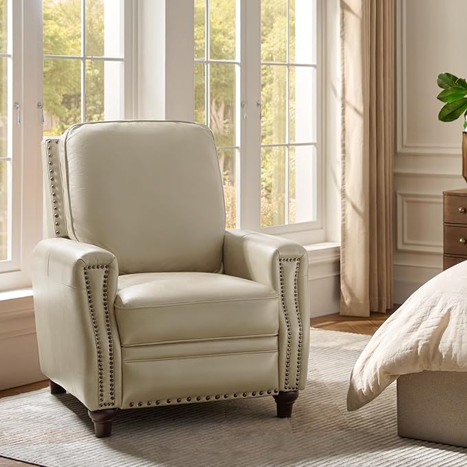 HULALA HOME Genuine Leather Recliner Chair, Classic Push Back Recliner Armchair with Thick Seat and Backrest, Comfy Adjustable Home Theater Single Recliner w/Nailhead Decor for Living Room (Beige)