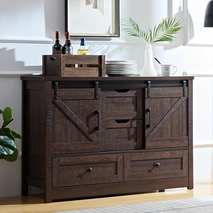 Farmhouse Dresser for Bedroom, 4 Drawers with Sliding Barn Door, 48" Wide 4 Chest of Drawers, Storage Organizer Dresser for Bedroom, Hallway, Living Room, Kids Room, Espresso