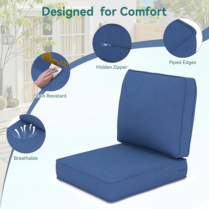 Outdoor Chair Cushions 23" x 24" x 4", Patio Deep Seat Replacement Cushions Set with Zippered Removable Cover, Weather-Resistant Olefin Fabric for Garden Chair Sofa Couch, Set of 2, Blue