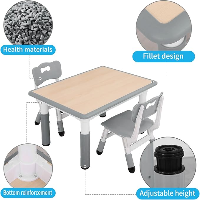 UNICOO Kids Table and Chairs Set, Height Adjustable Toddler Study Table and Chairs, Arts & Crafts Table, Suitable for Ages 2-10, Childrens Activity Table, Preschool Furniture (BY-60-MGY)