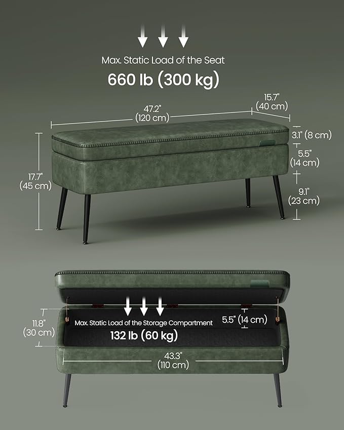 VASAGLE EKHO Collection - Storage Ottoman Bench, Entryway Bedroom Bench, 15 Gallons, Synthetic Leather with Stitching, Mid-Century Modern, Safety Hinges, Loads 660 lb, Forest Green ULOM074C01