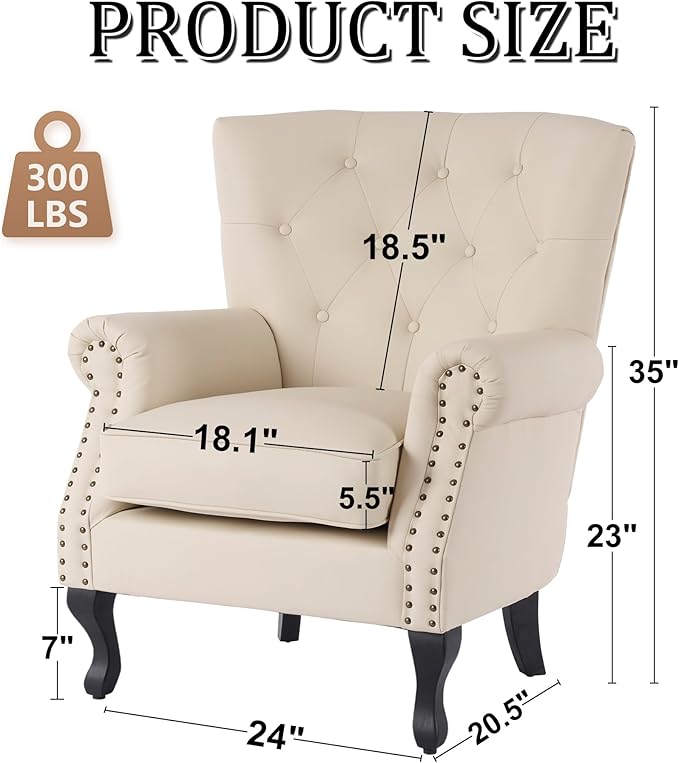 Modern Faux Leather Accent Chair, Upholstered Mid-Century Armchair with Solid Wood Legs, Single Sofa Chair for Living Room, Bedroom, or Reading Room(Ivory White)
